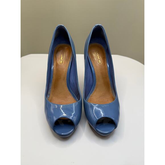 Coach Shoes - Coach Selma patent leather peep toe pumps in a blue color Sz 6.5